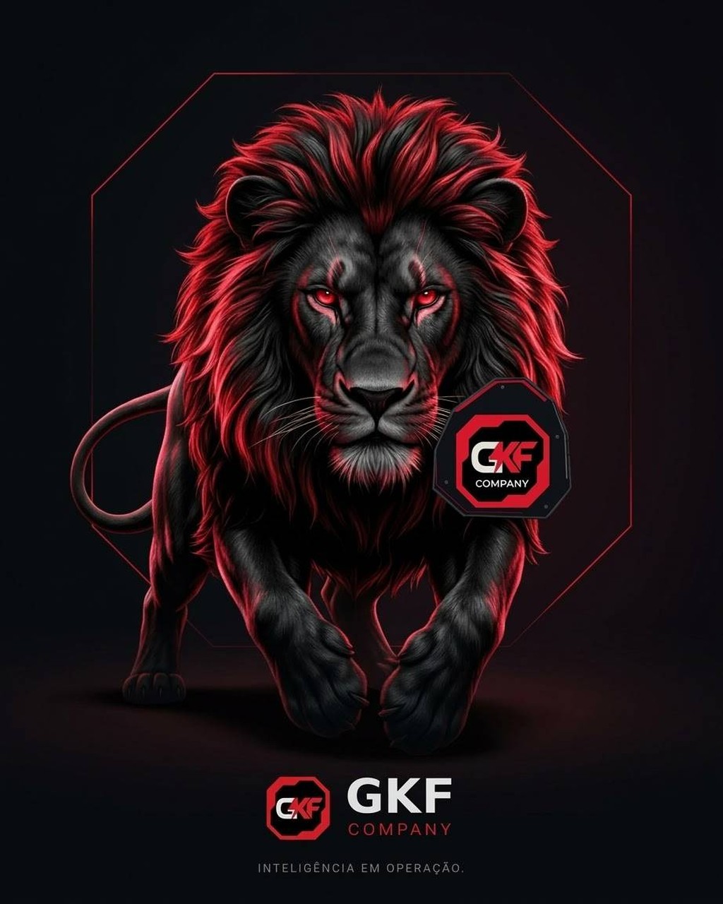 Leão oficial da GKF Company, preto e vermelho, com o emblema da marca