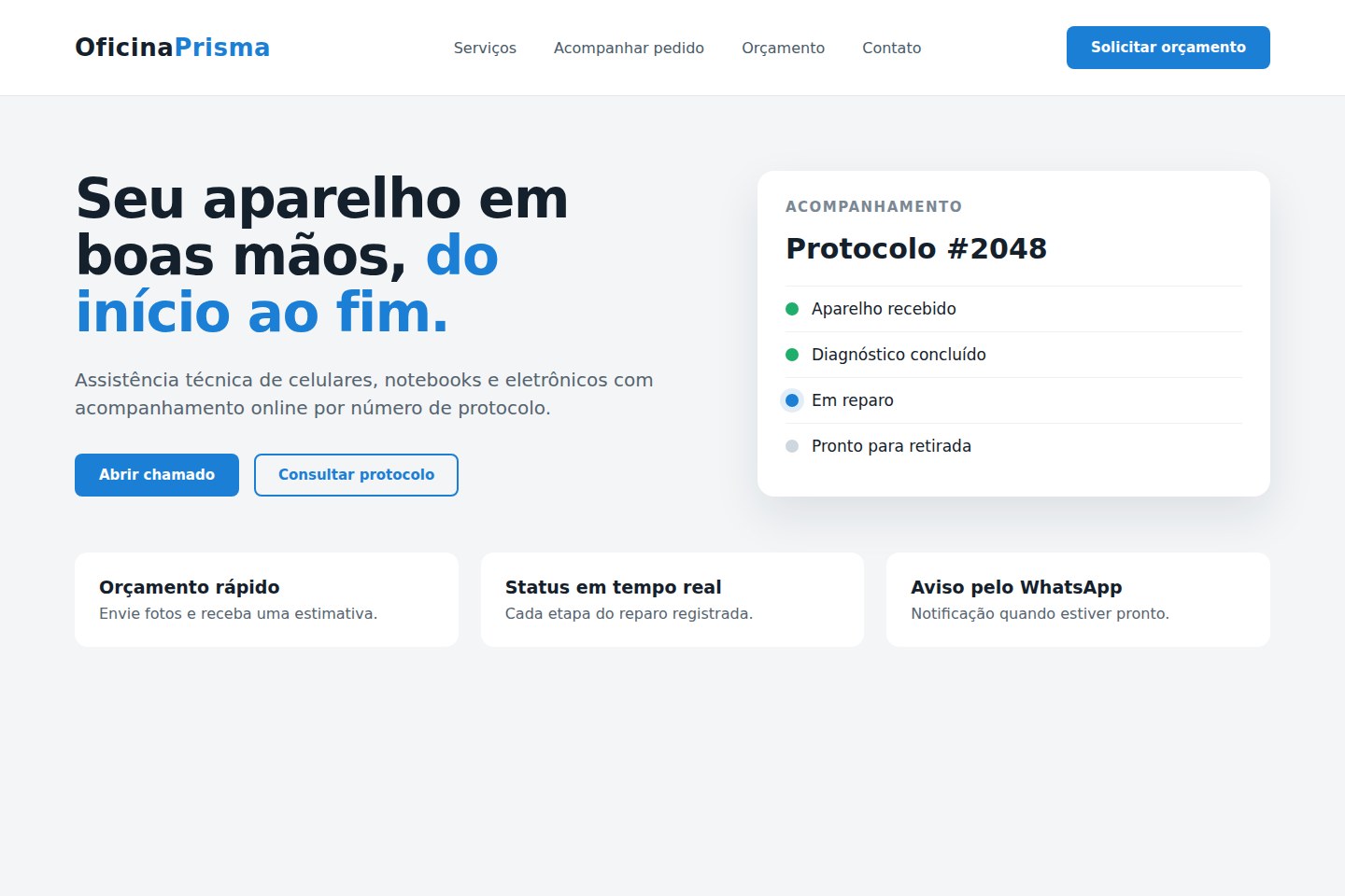 Projeto conceito de site para a Oficina Prisma, marca fictícia de assistência técnica com acompanhamento por protocolo